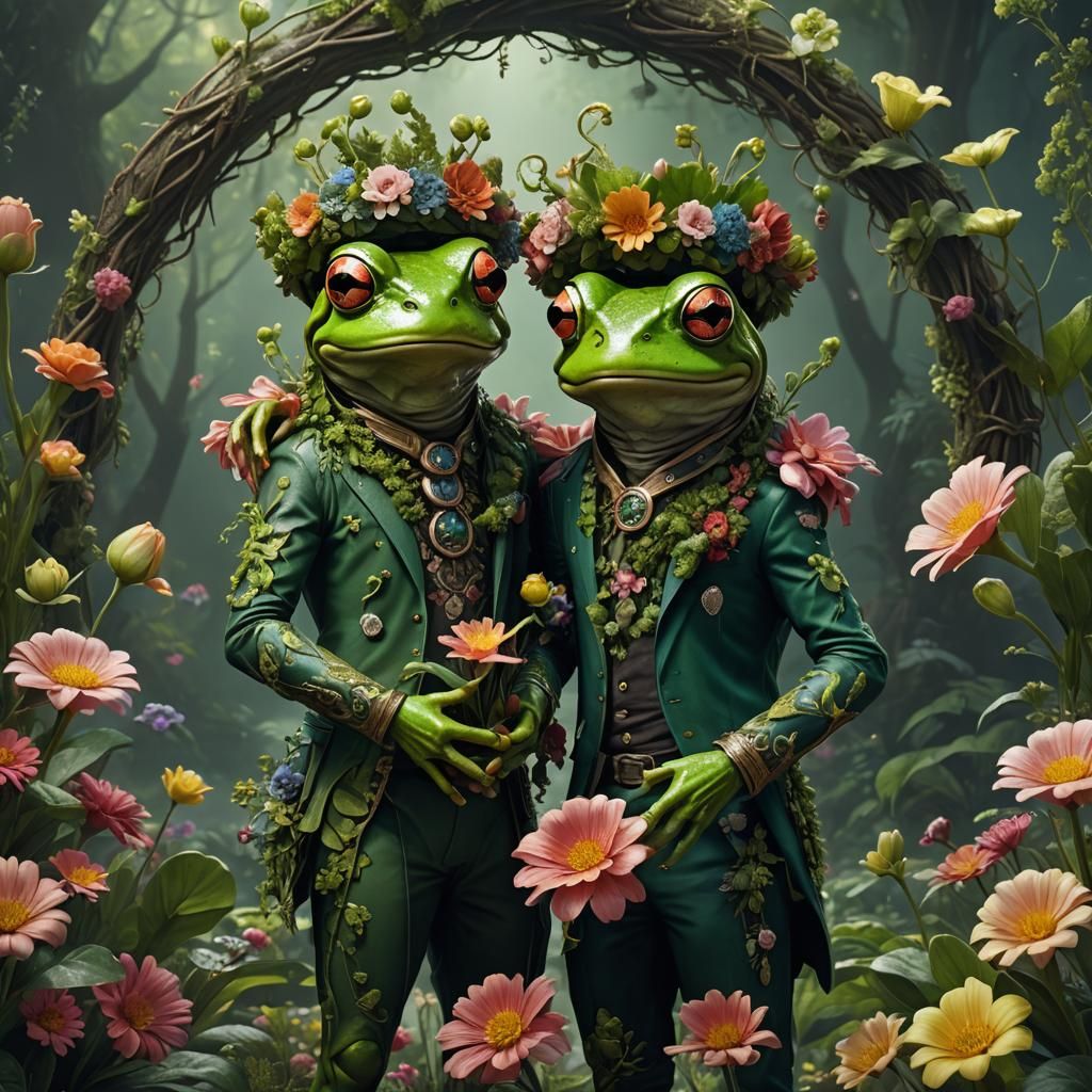 Anthropomorphic Alien Frog Couple with Flowers