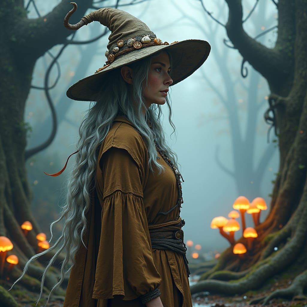 Mystical Witch on Island in Fantasy Concept Art Style
