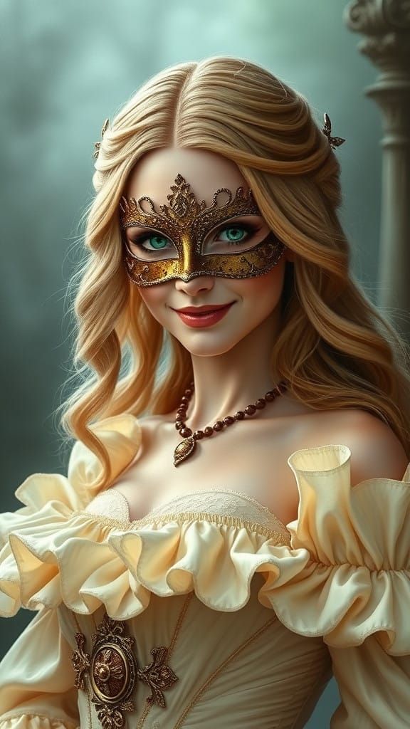 Ethereal Lady of the Masquerade in Golden Gown