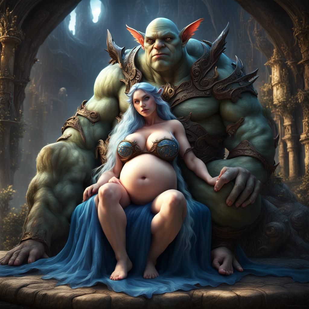 Fantasy Art: Pregnant Elf on Ogre's Lap