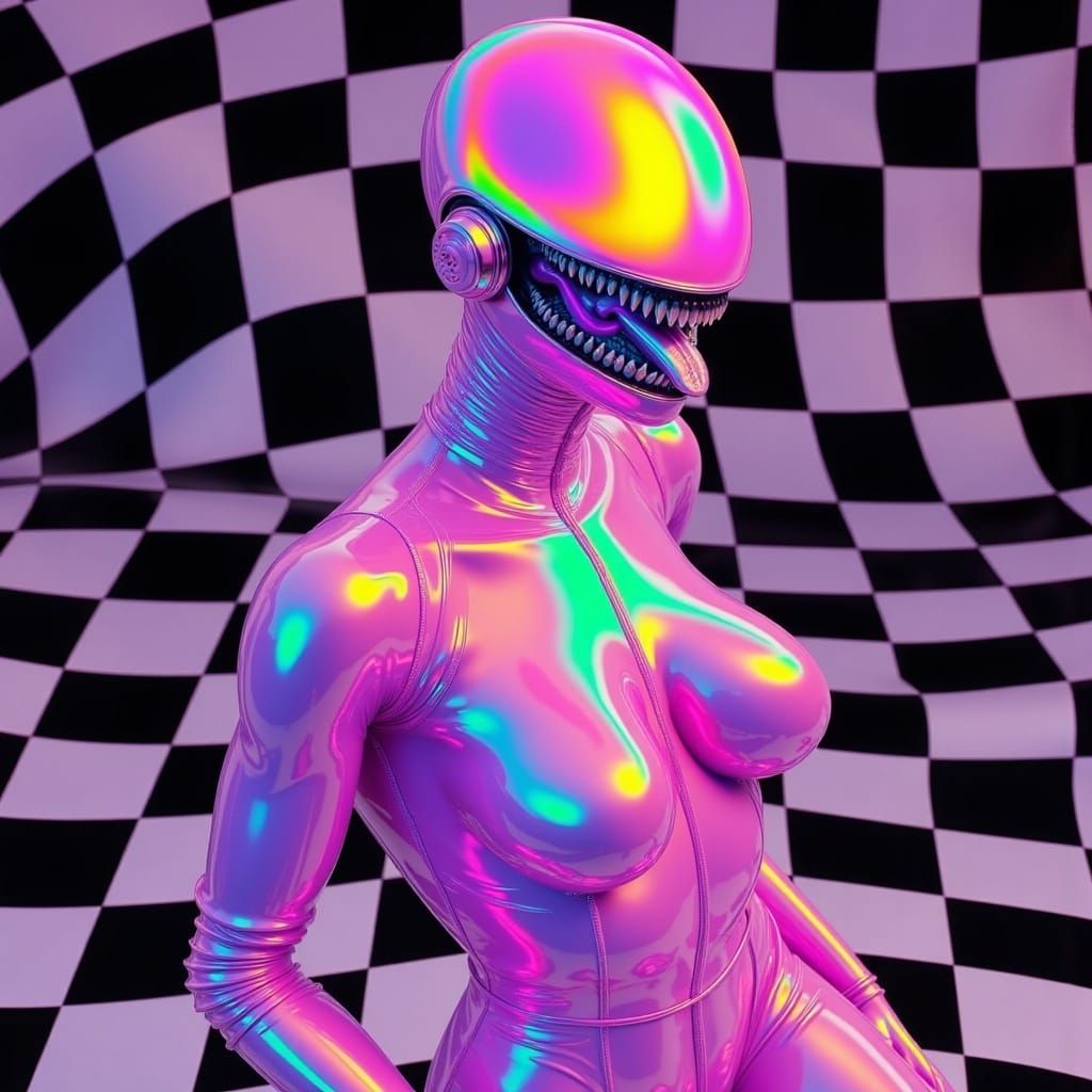 Neon Cyberpunk Creature in Glossy Bodysuit