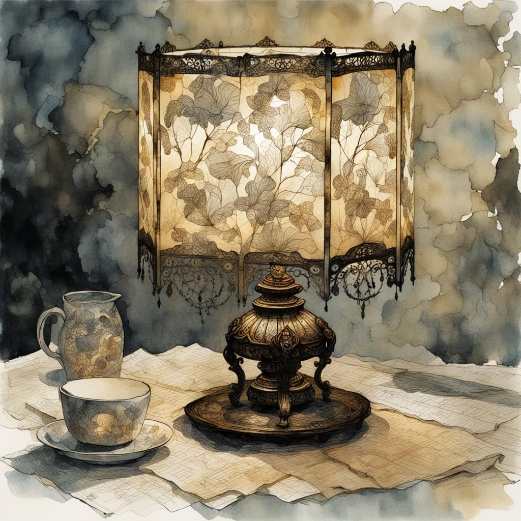 Elegant Lamp with Paper Filigree in Watercolor Style