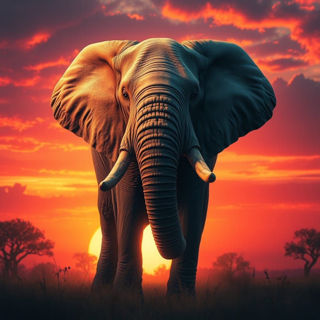 Majestic Elephant in Vibrant Sunset Landscape