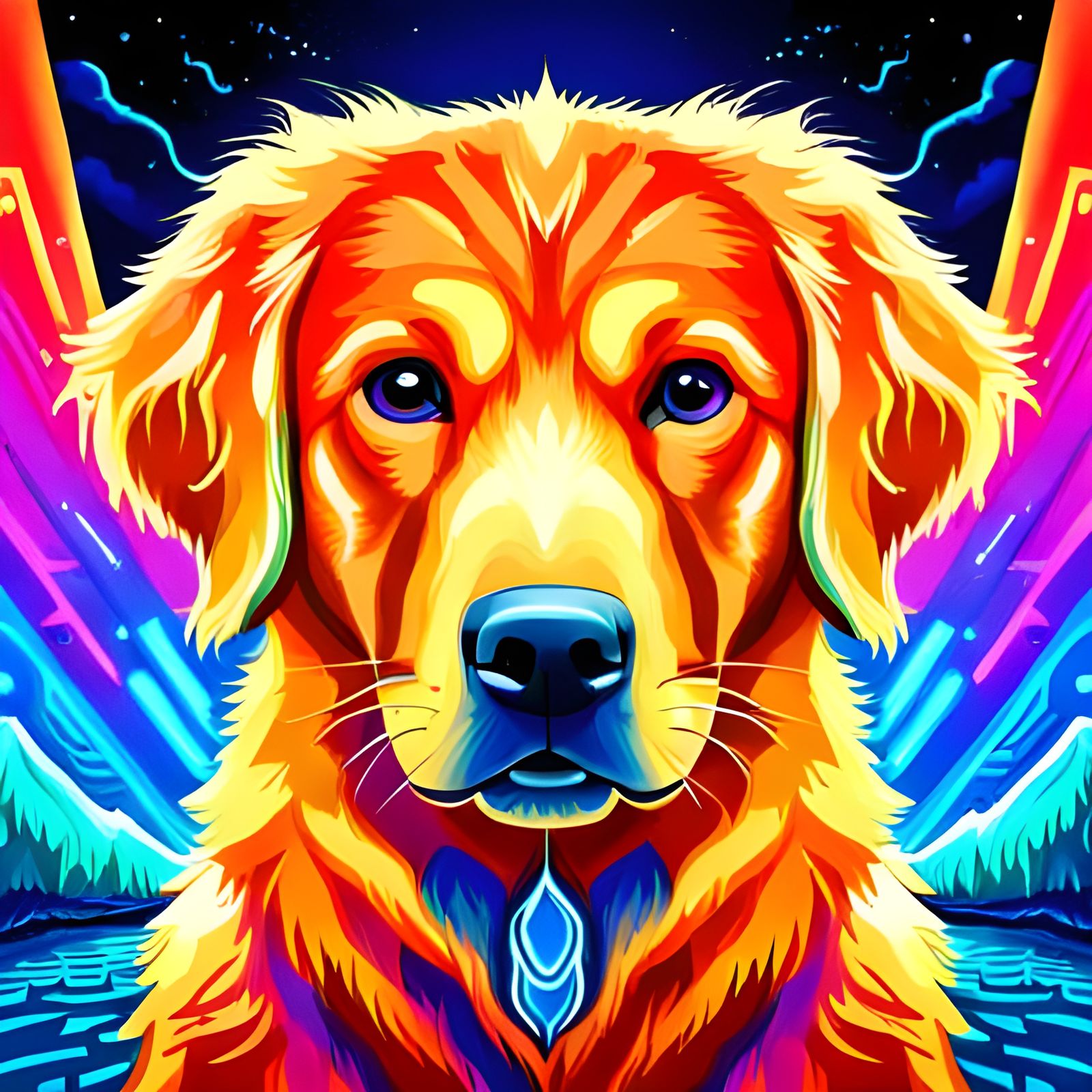 Cute Golden Retriever Puppy in Cosmic Synthwave Style