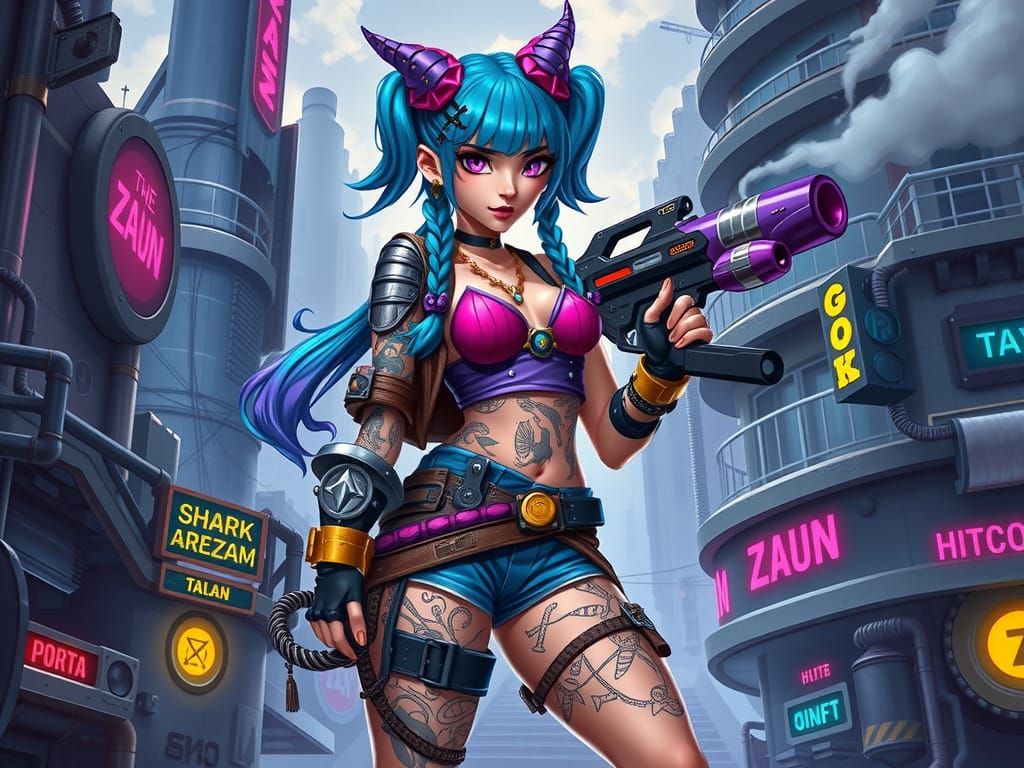 Rebellious Steampunk Warrior in Zaun's Gritty Urban Landscap...