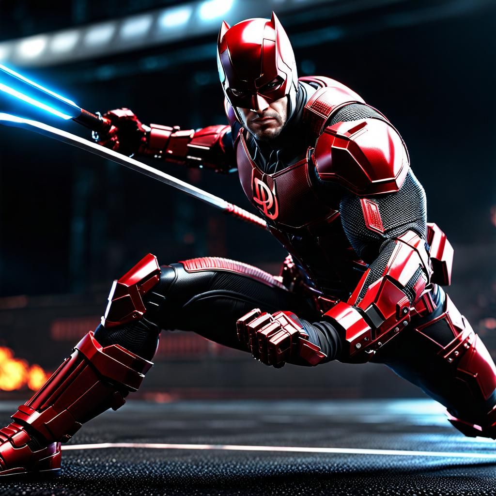 Daredevil, lunging with baton in battle