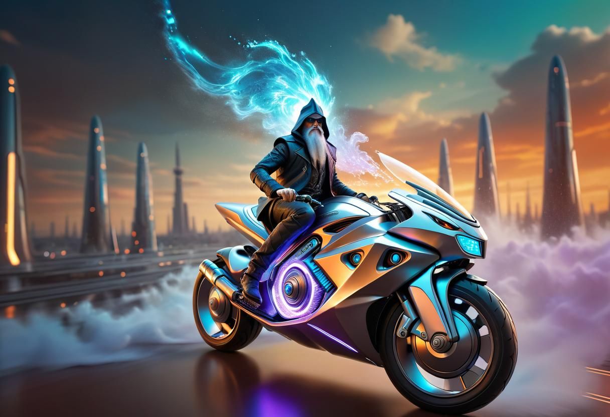 Wizard on Futuristic Motorcycle in Hyperrealistic Splash Art