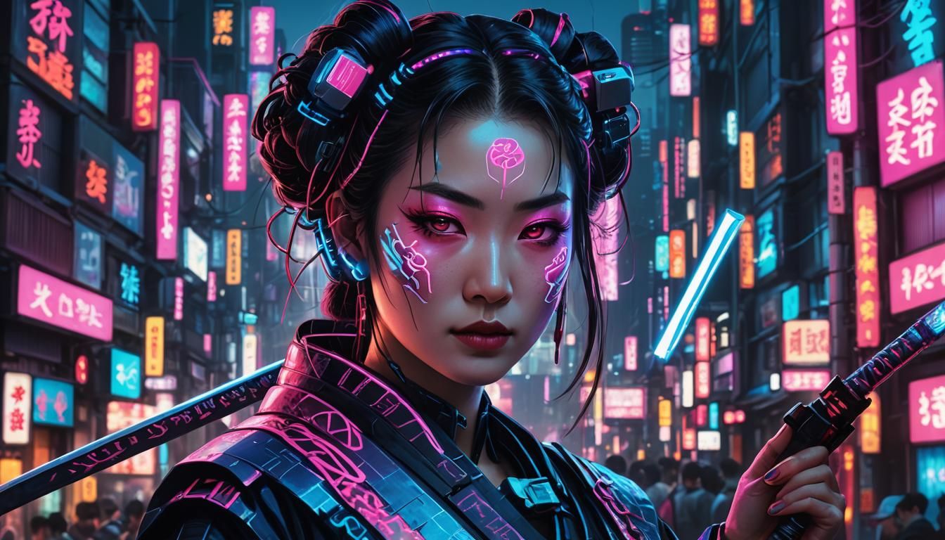 Cyberpunk Geisha with Glowing Katana in Neon Tokyo