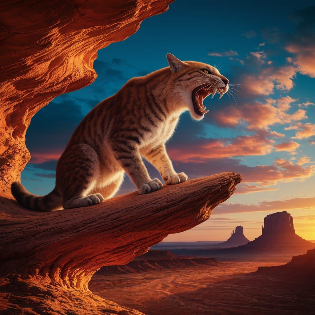 Majestic Saber-Toothed Cat Roaring at Sunset