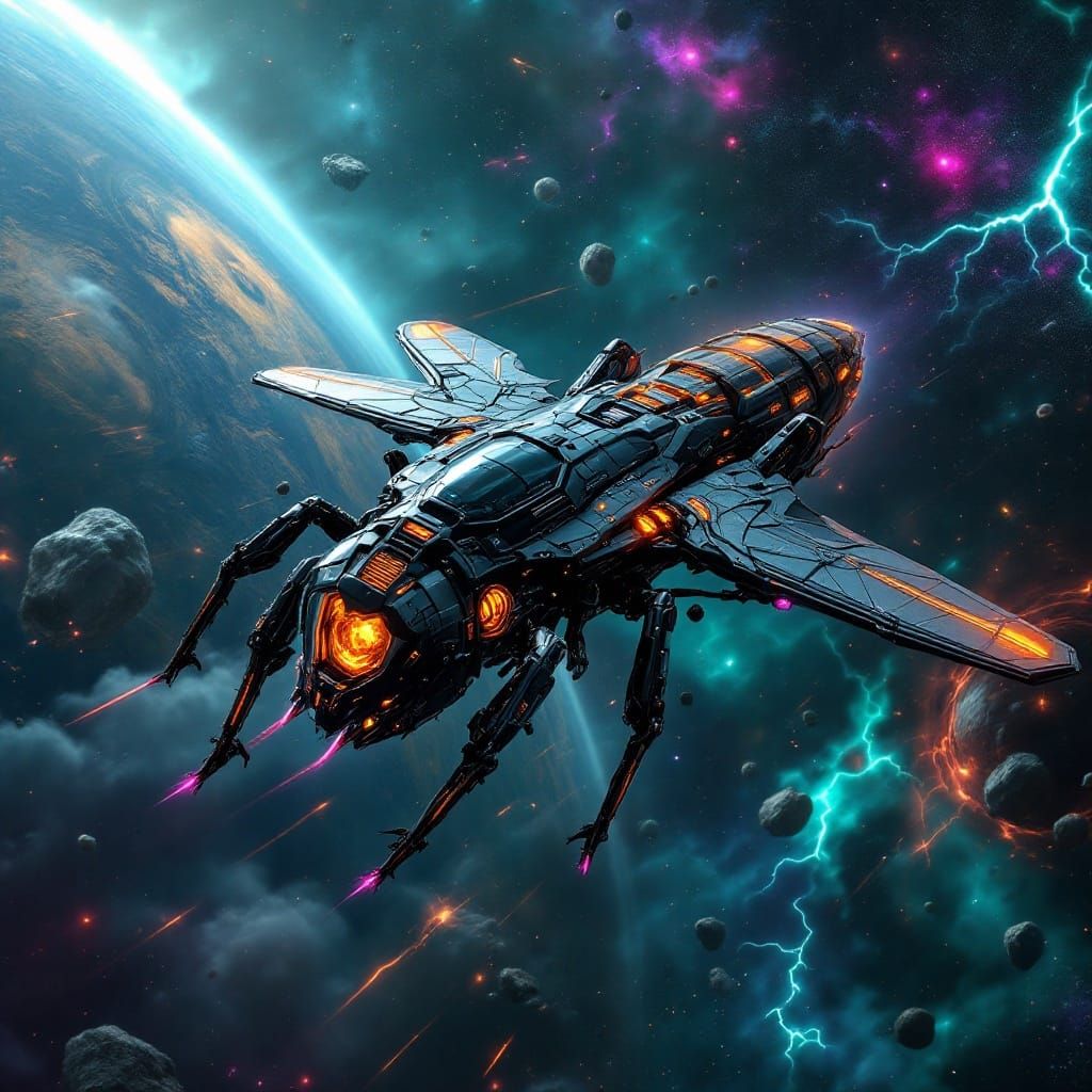 Insectoid Spaceship Navigating Asteroid Field