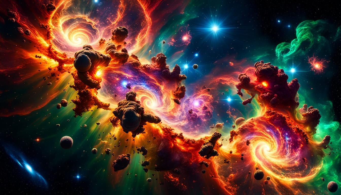 a mesmerising collision of space Nebula and galaxies, style of Jason de Graaf, HDR, highly detailed, epic, massive scale...