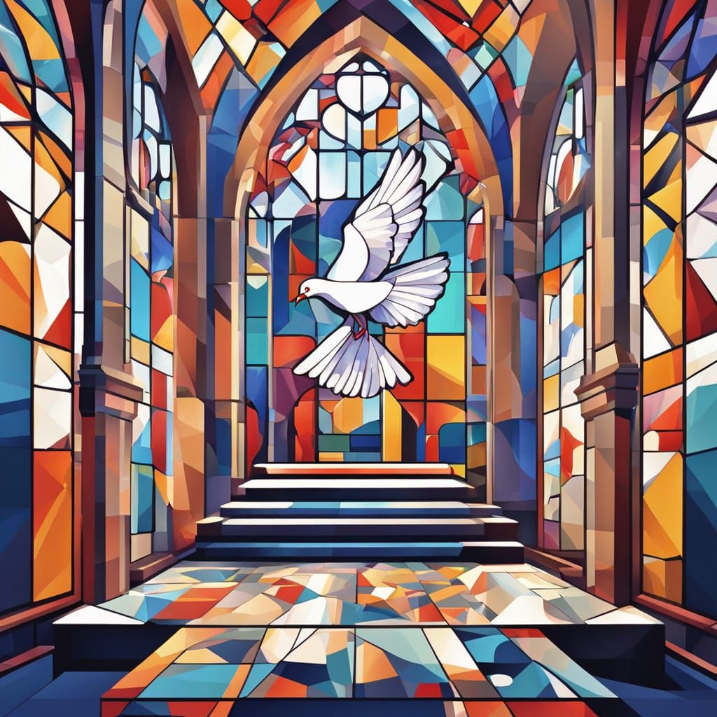 Cubist Dove Amidst Stained Glass Majesty