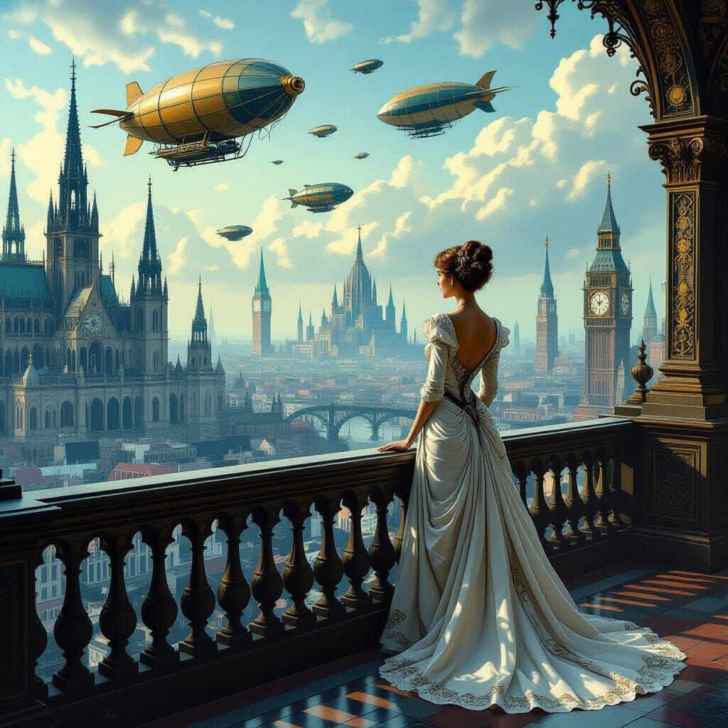 Art Nouveau Woman Gazing at Zeppelin City