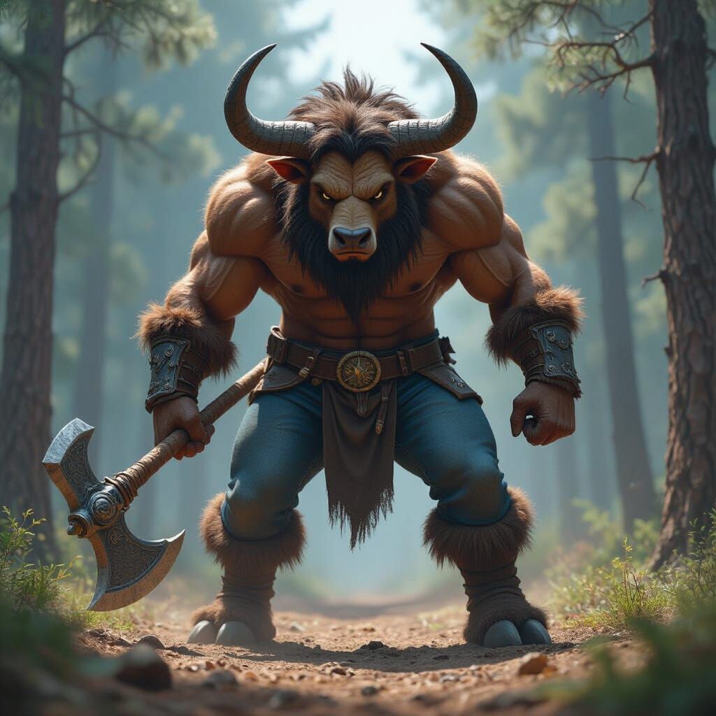 Minotaur in Pine Forest with Battle Axe