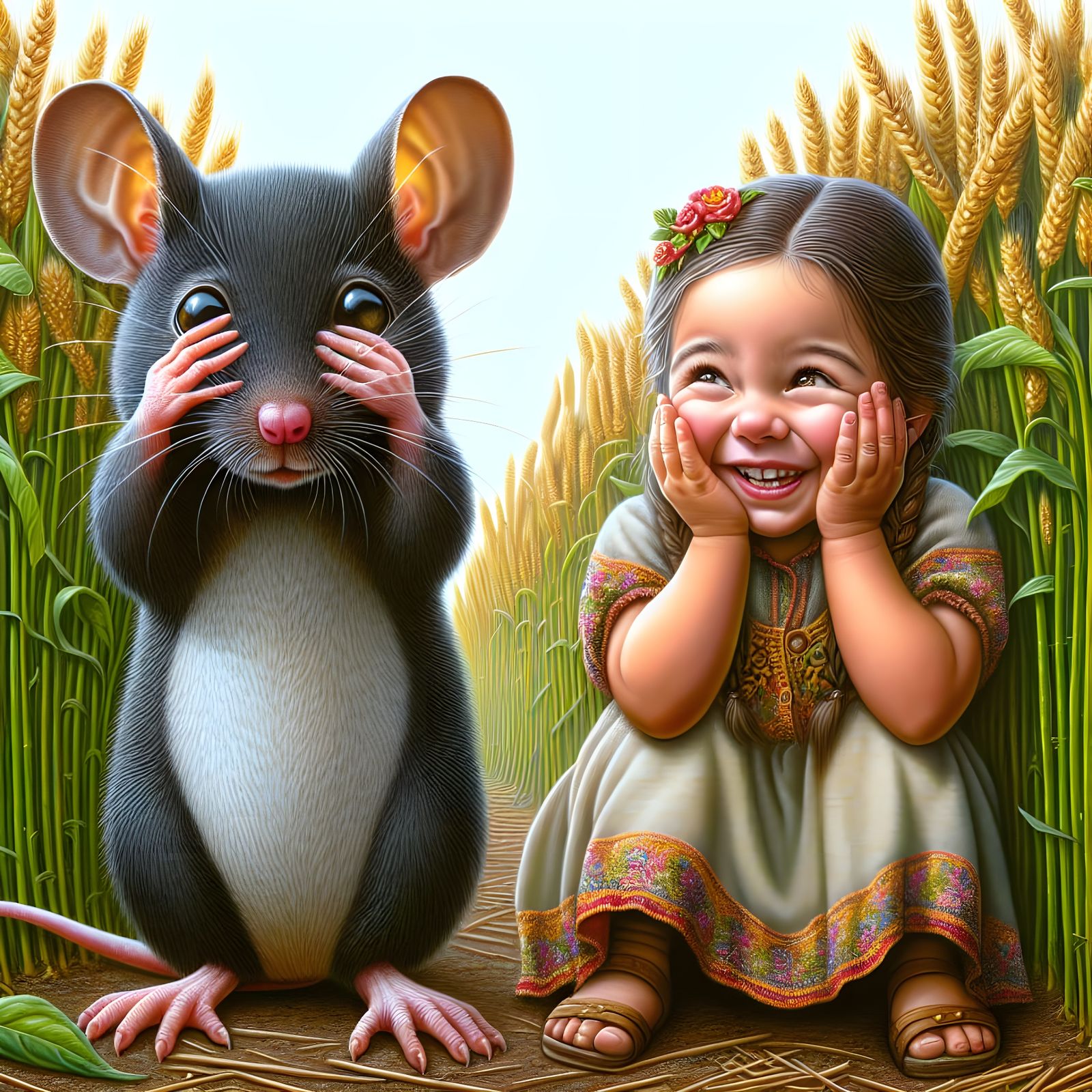 Shy Mouse in Wheat Field Meets Cheerful Girl