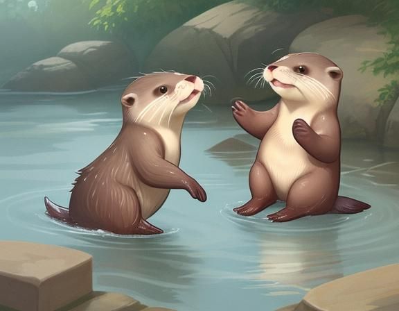 Cute Otters Playing: Kawaii Storybook Illustration