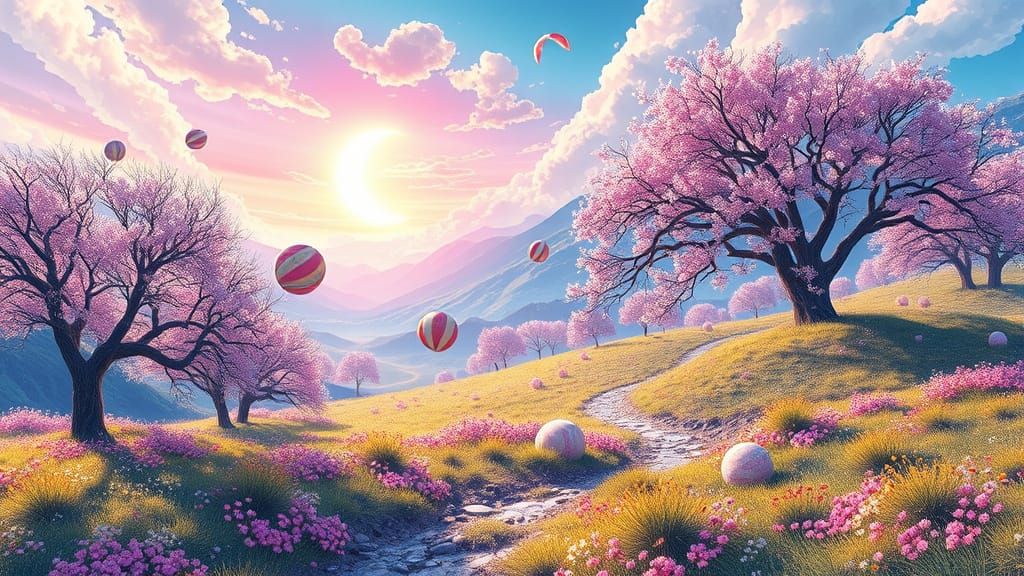 Vibrant Springtime Landscape in Cyberpunk Anime Style