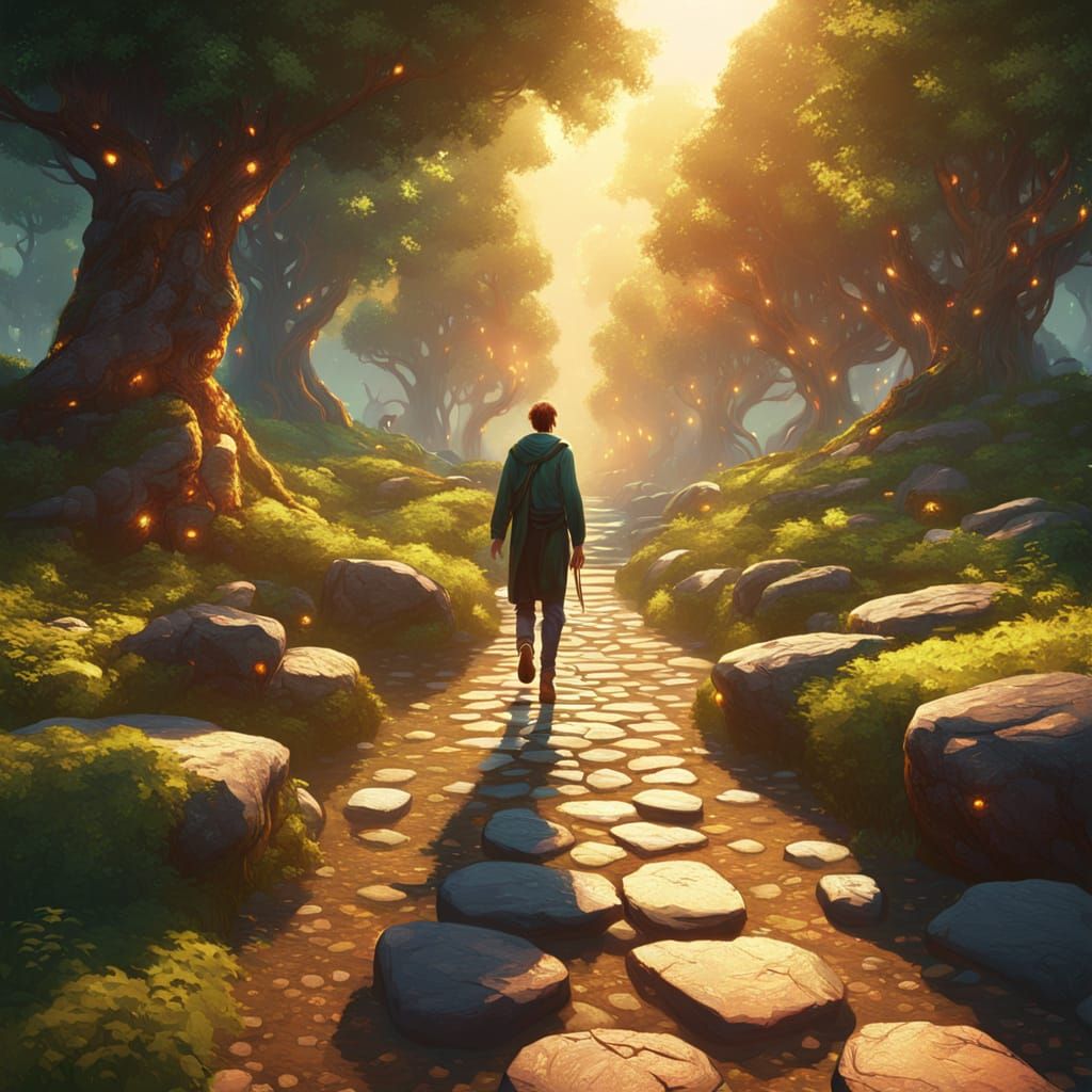 Fantasy Path with Glowing Runes in Oil Painting Style