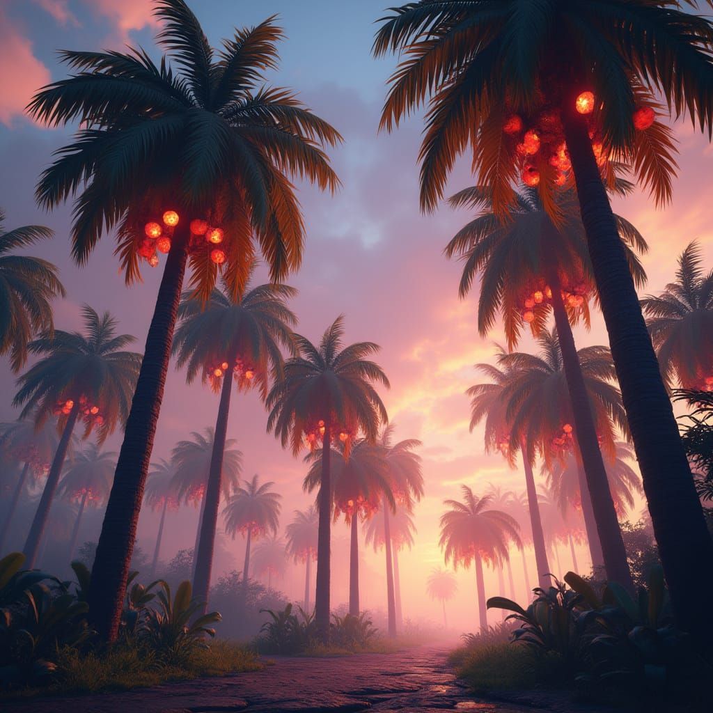 Ethereal Palm Trees Shine with Vibrant, Glowing Fruit in Fan...