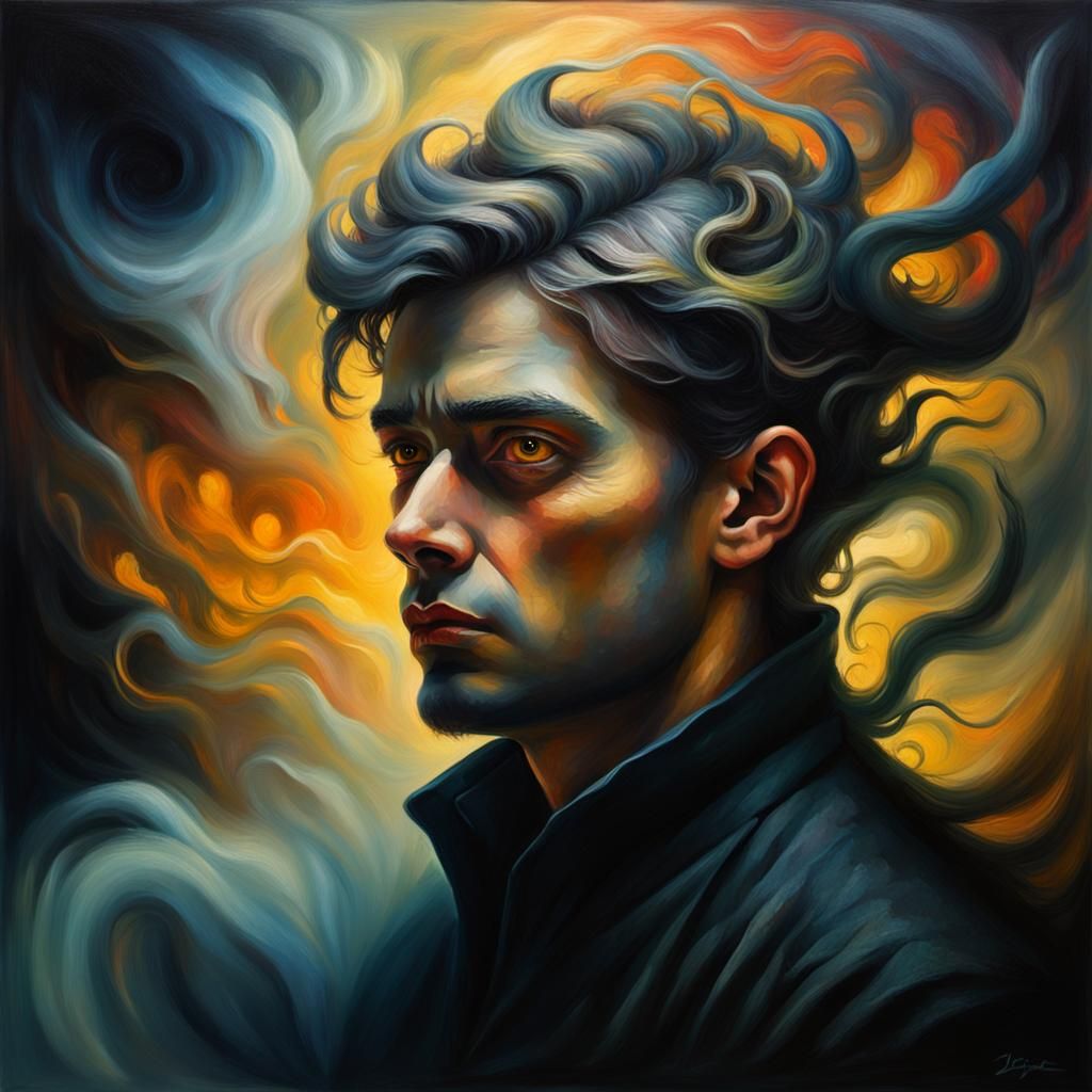 Troubled Person Confronts Inner Demon in Surreal Oil Paintin...