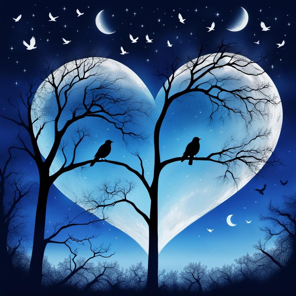 heart shaped moon in gradient deep blue sky with branches of tree wrapping around heart shaped moon with two silhouettes...
