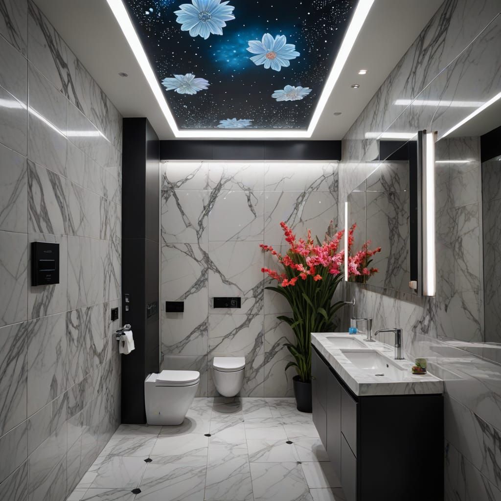 Modern Toilet Pavilion with Marble Walls and Floral Mural
