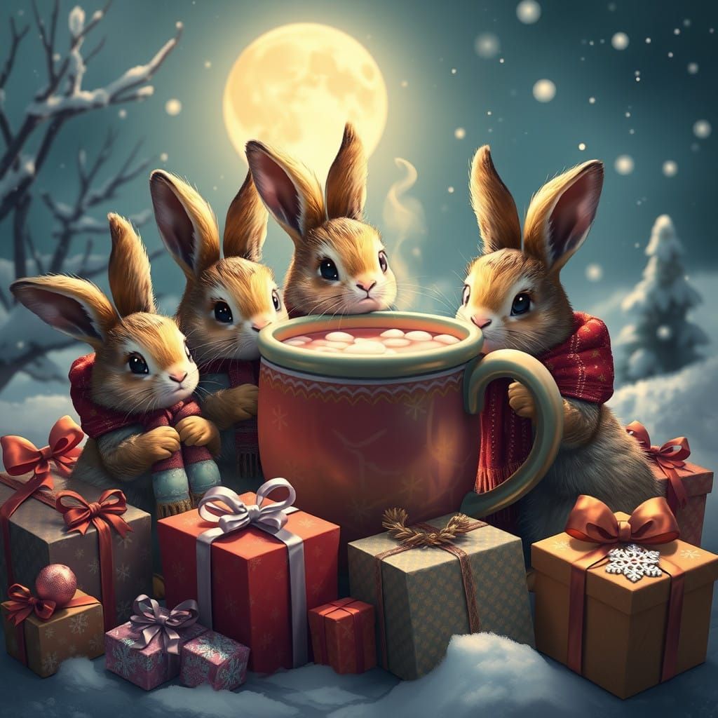 Whimsical Bunnies Gather Around Giant Hot Cocoa with Present...