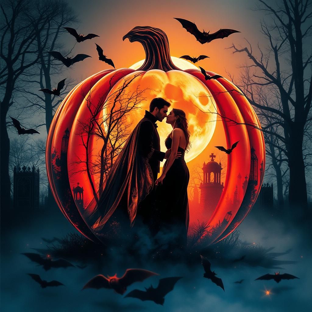 Gothic Pumpkin Double Exposure: Spooky Forest Scene