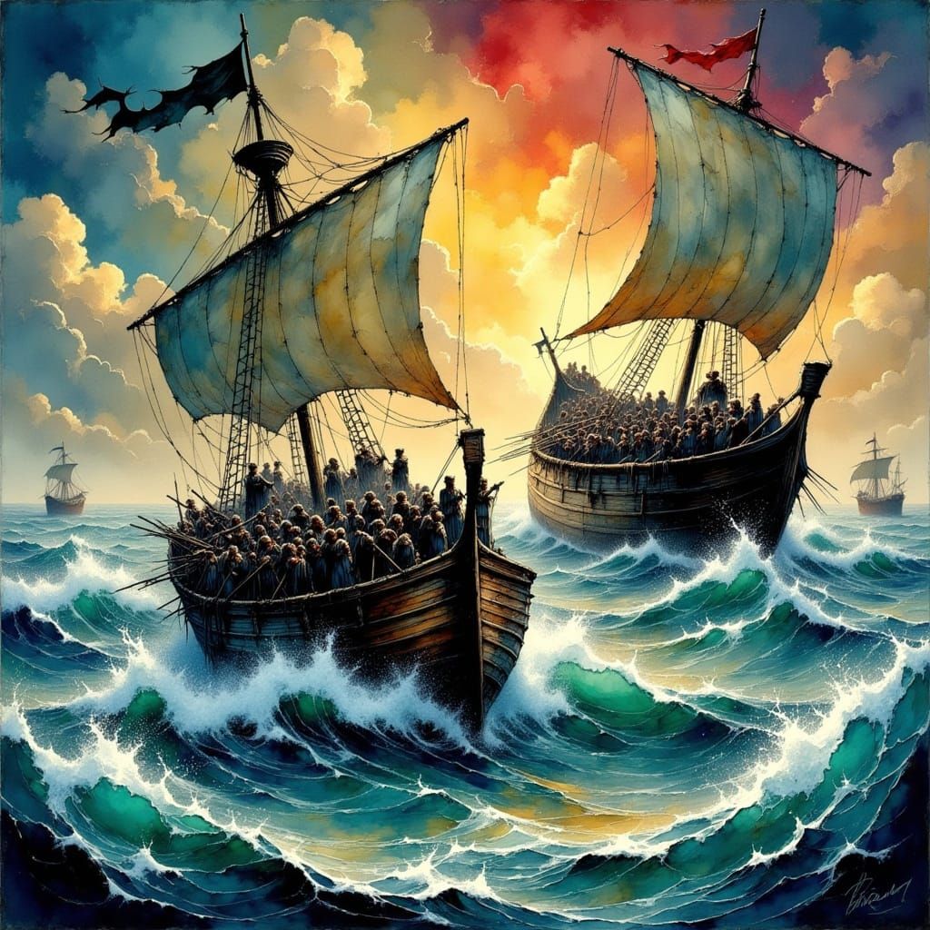 Roman War Galleys in Stormy Sea, Dramatic Lighting