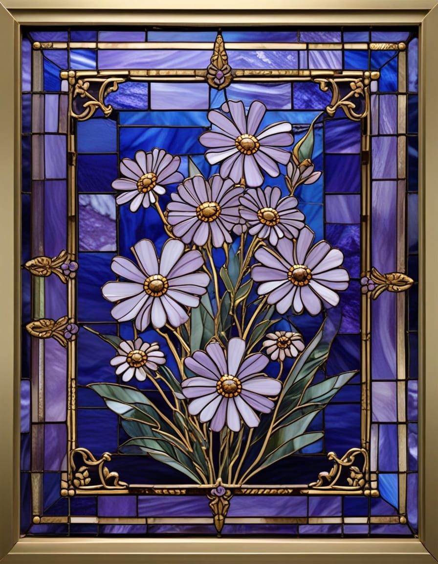 Lavender Aster Stained Glass Art in Victorian Style
