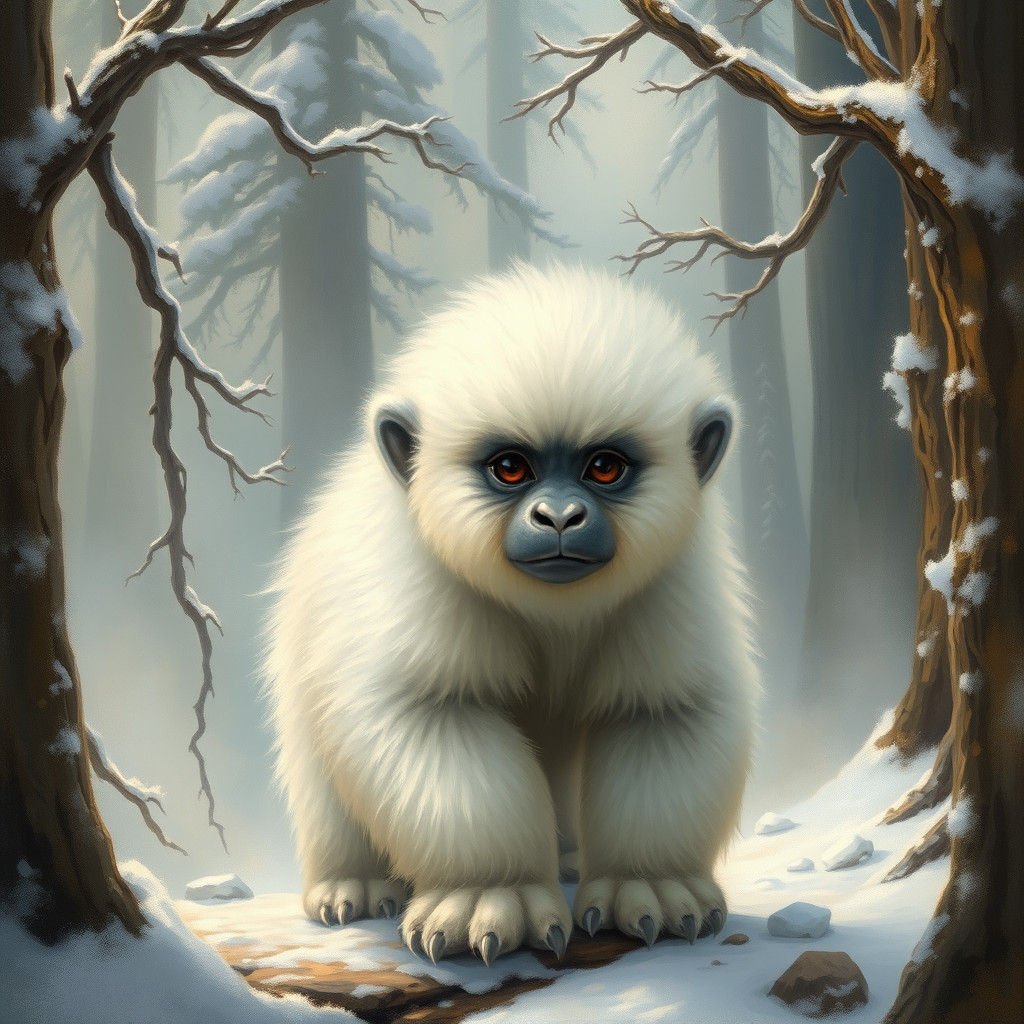 Fluffy Yeti Infant in Misty Mountain Forest