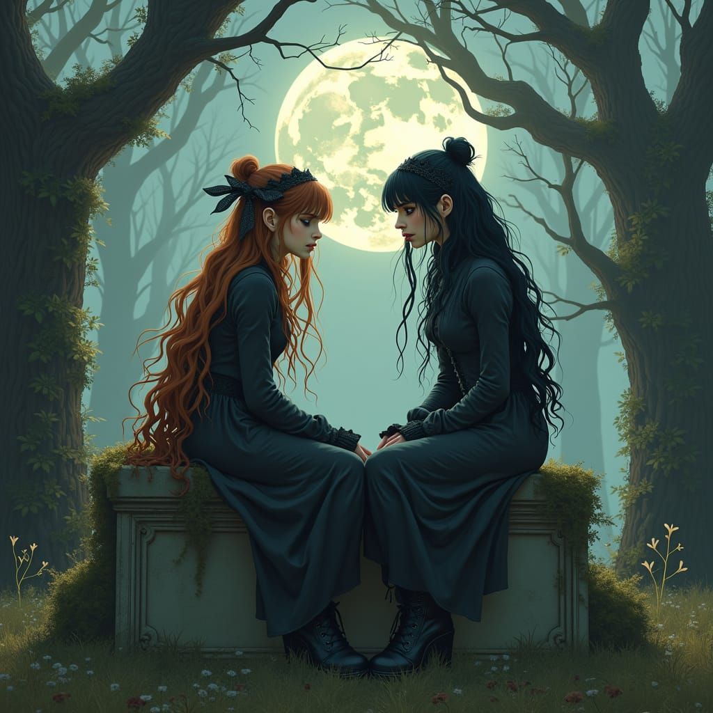 Gothic Cemetery Scene in Arthur Rackham Style