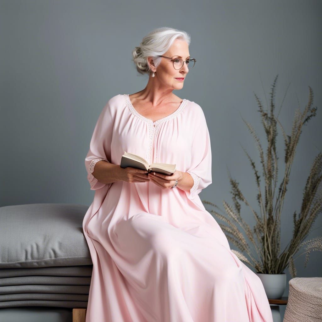 Mature Woman Reading in Pink Nightgown