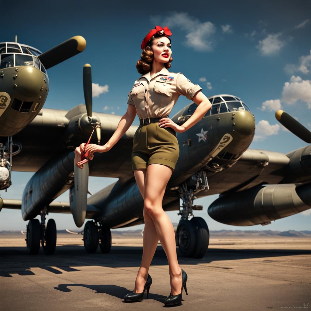 WWII Pin-Up Girl with B-52 Bomber in Hyperrealism