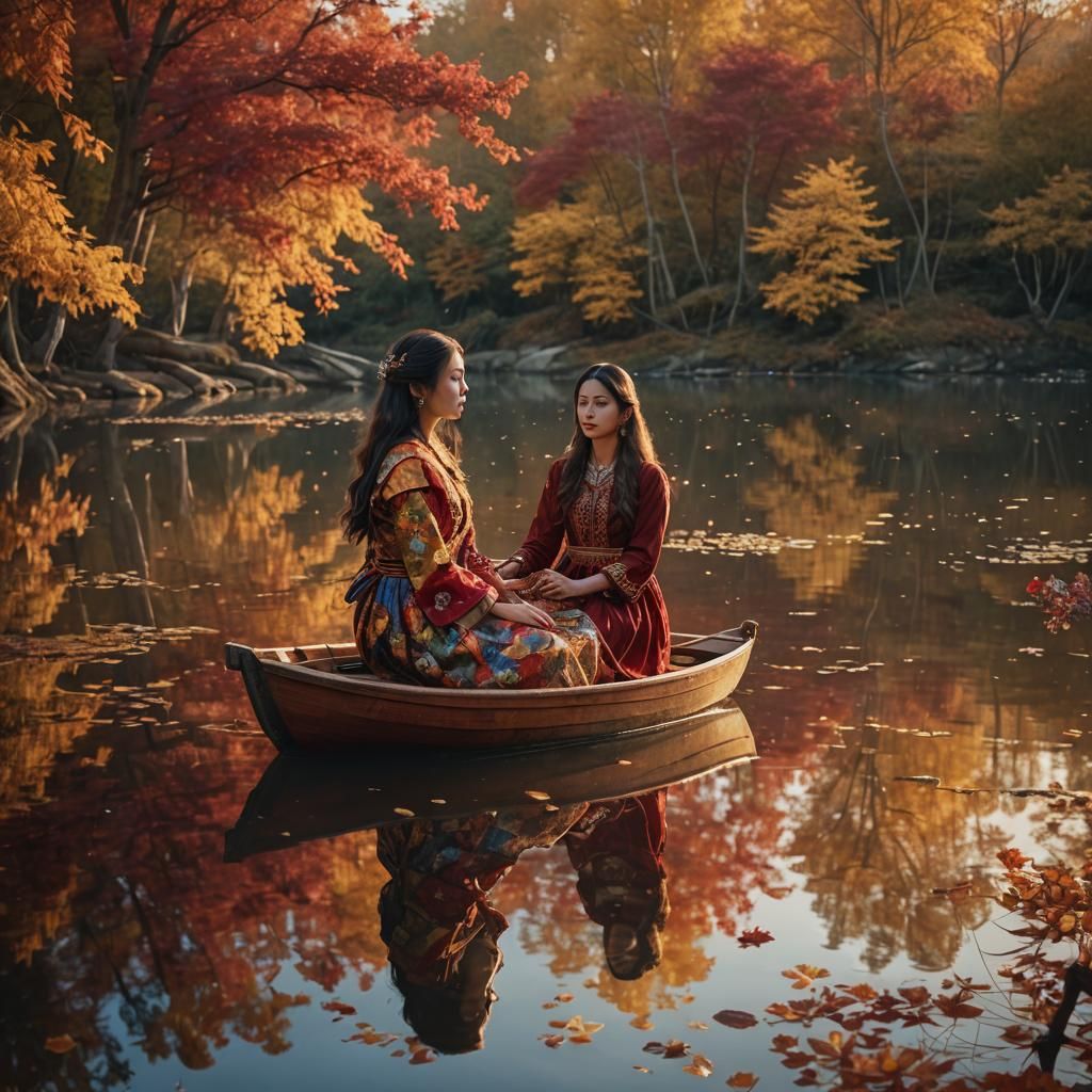 Woman Rows Boat on Autumn Lake: Magical Realism