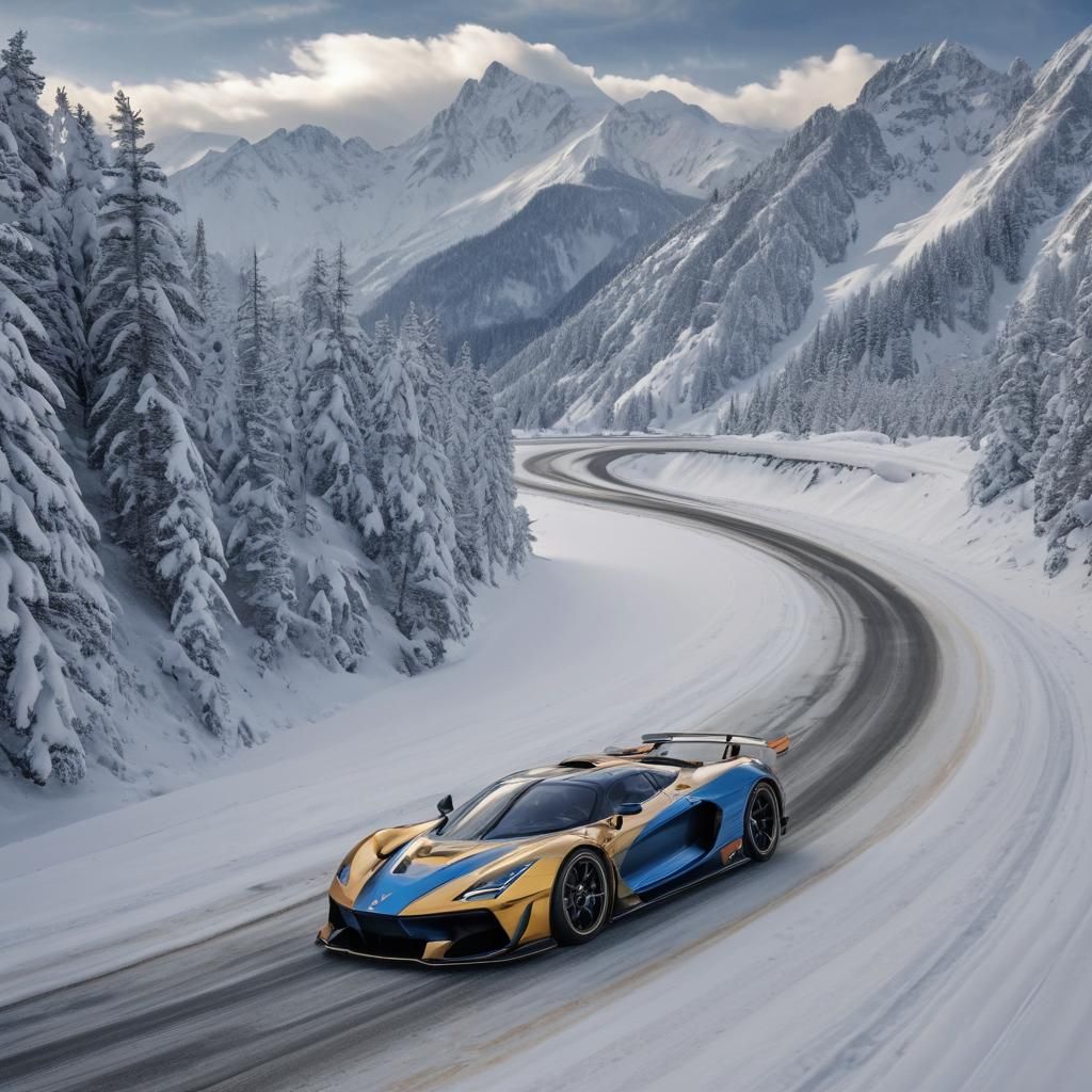 Gold and Blue Sports Car on Snowy Mountain Roads