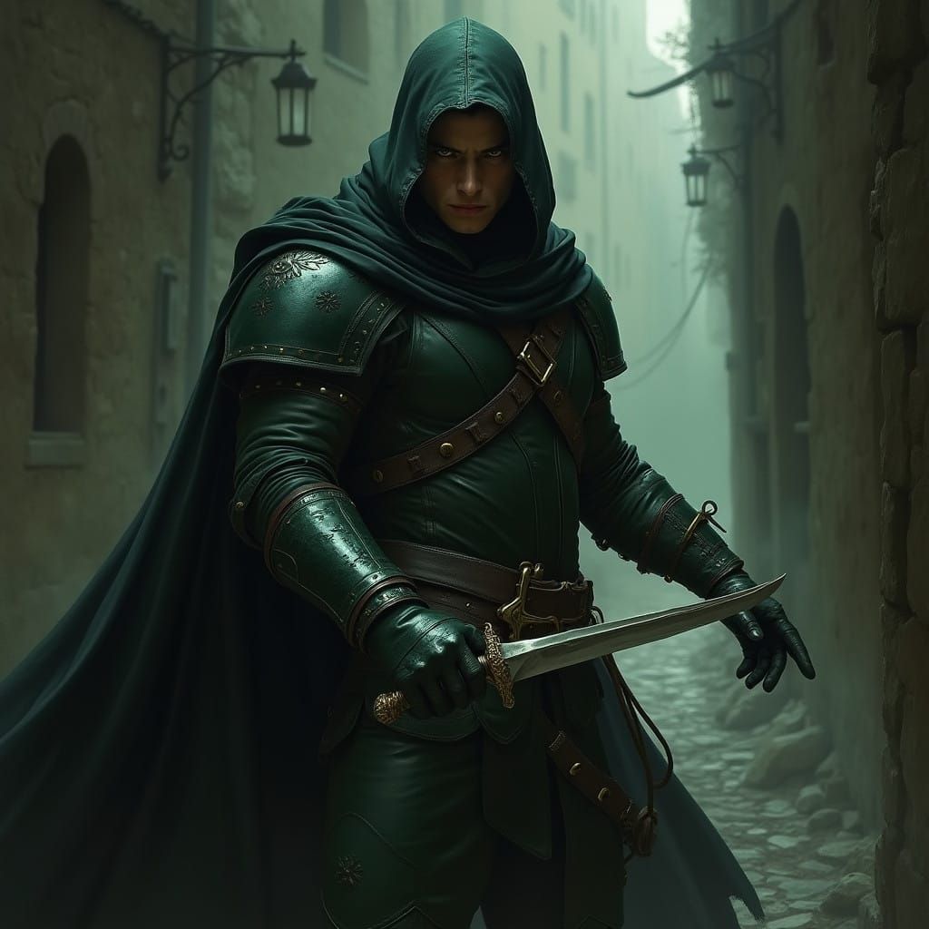 Dark Green Rogue Wields Dagger in Mysterious Alleyway
