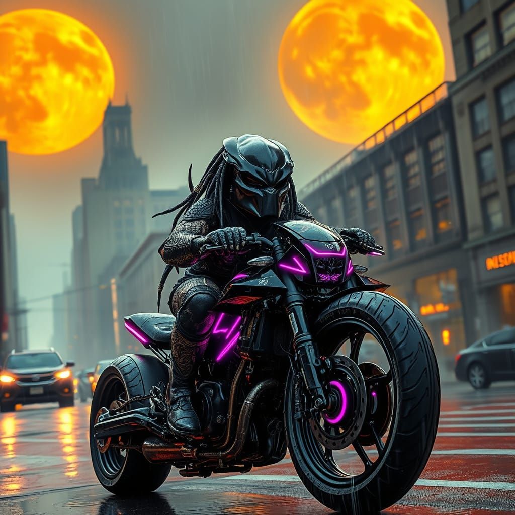 Cyberpunk Predator Rides Tron-Inspired Light Cycle Under Bla...