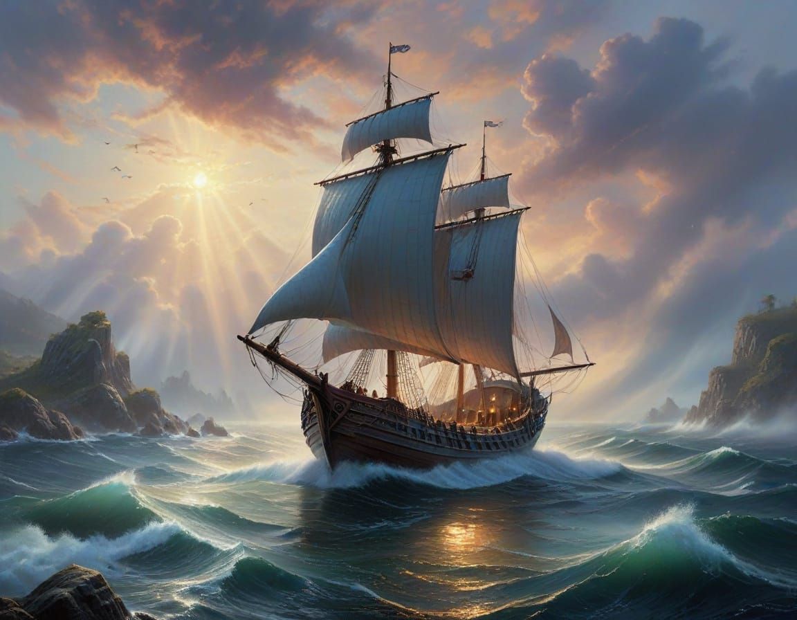 Viking Ship Sets Sail Under Ethereal Morning Mist