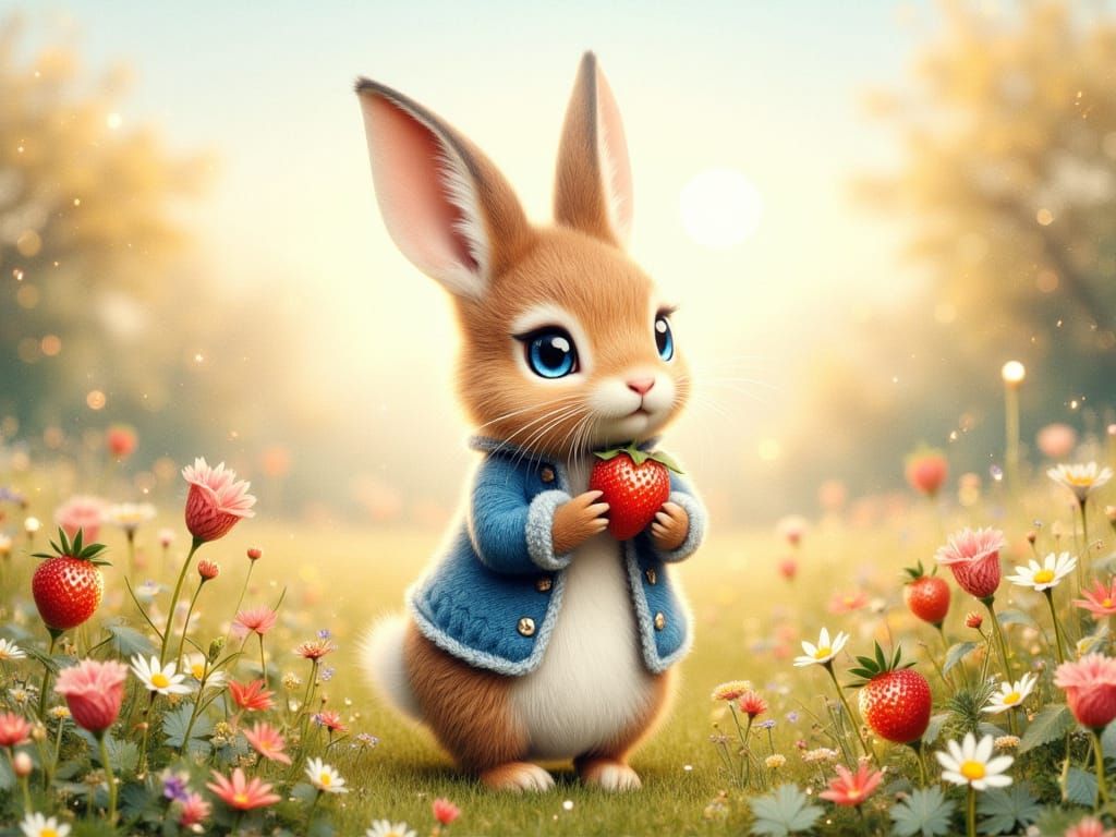Fluffy Rabbit in Blue Waistcoat Holding Strawberry