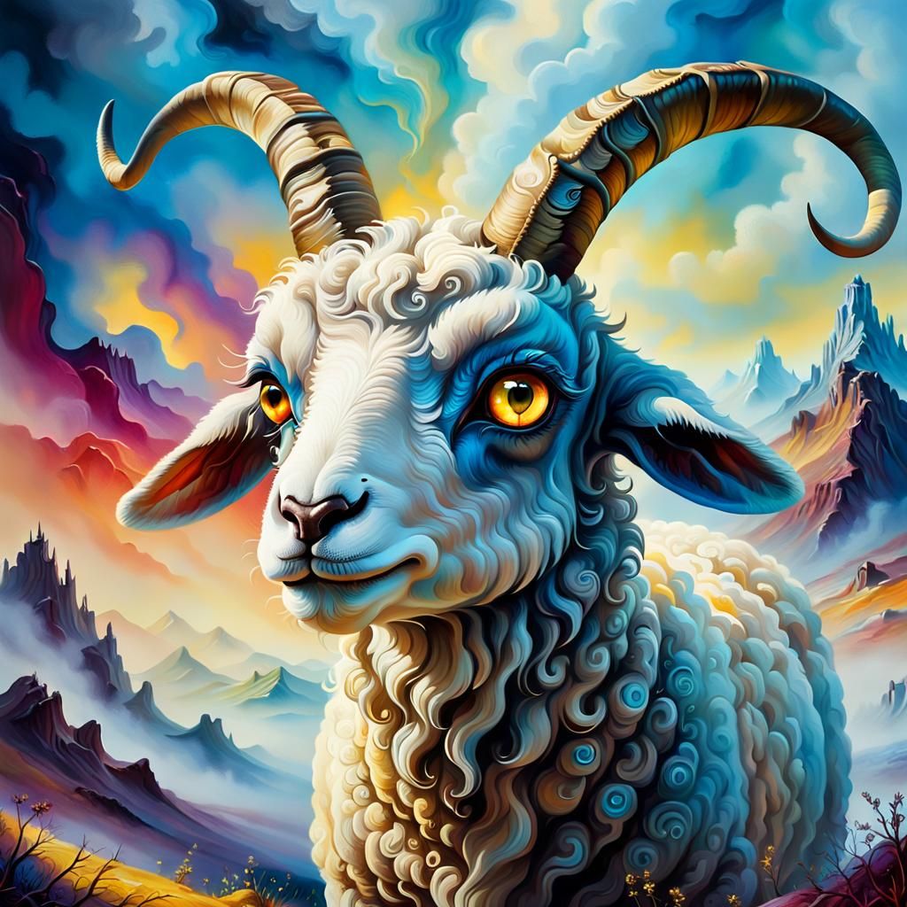 Surreal Lamb with Seven Horns in Dream Landscape