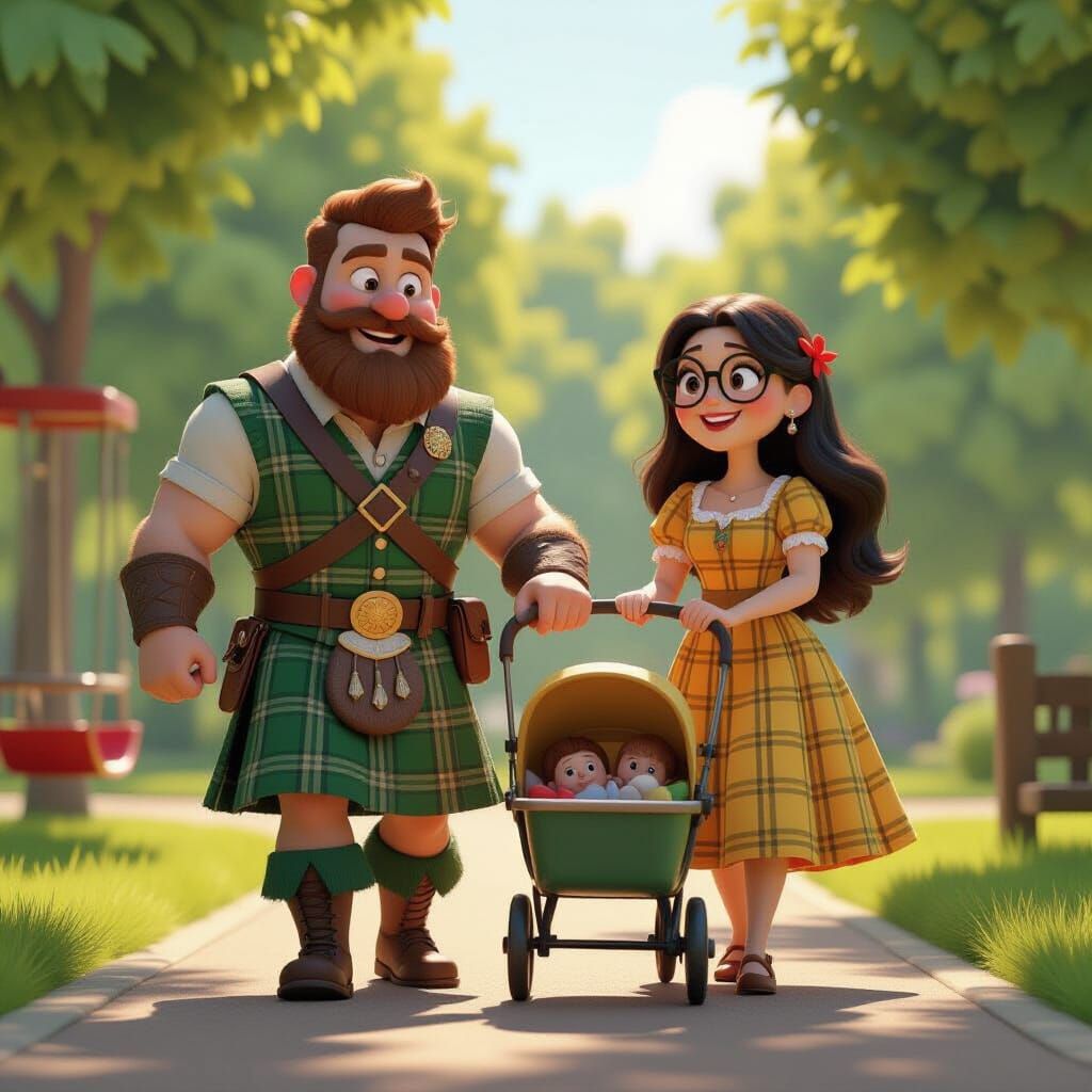 Happy Family in Park: Pixar-Style 3D Render
