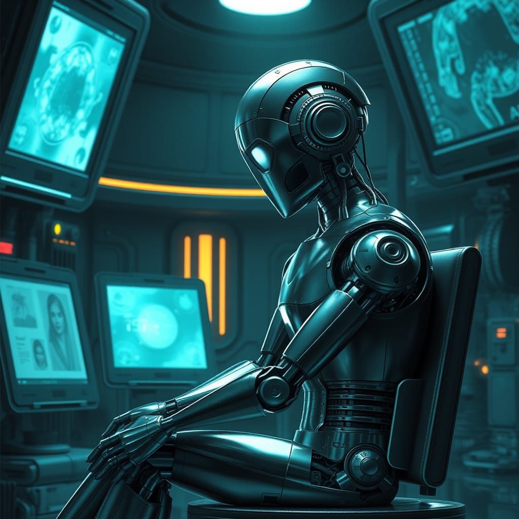 Introspective Android in Futuristic Laboratory, Retrofuturis...