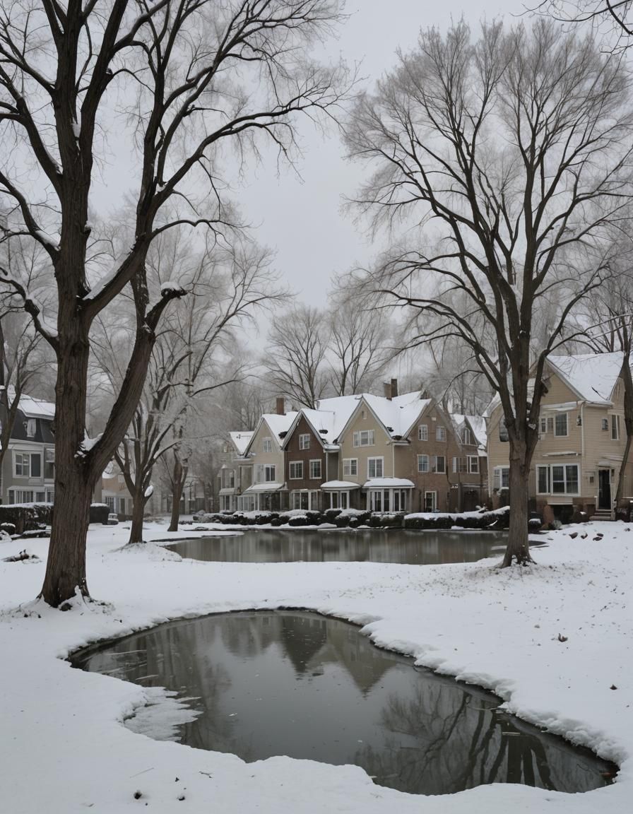 Frozen Pond and Townhouses Winter Scene