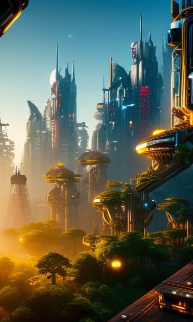 Utopian Metropolis with Spiral Skyscrapers at Sunset