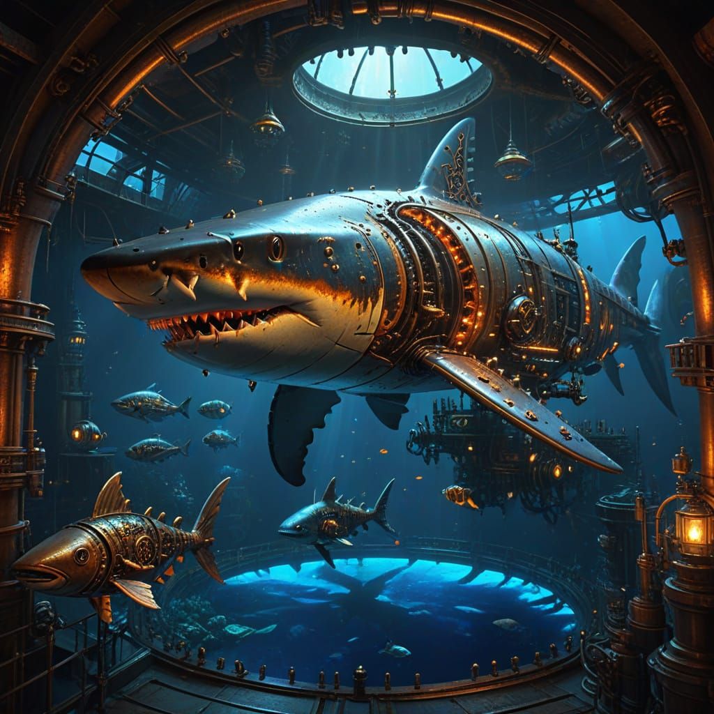 Steampunk Shark Submarine and Fish Swarm