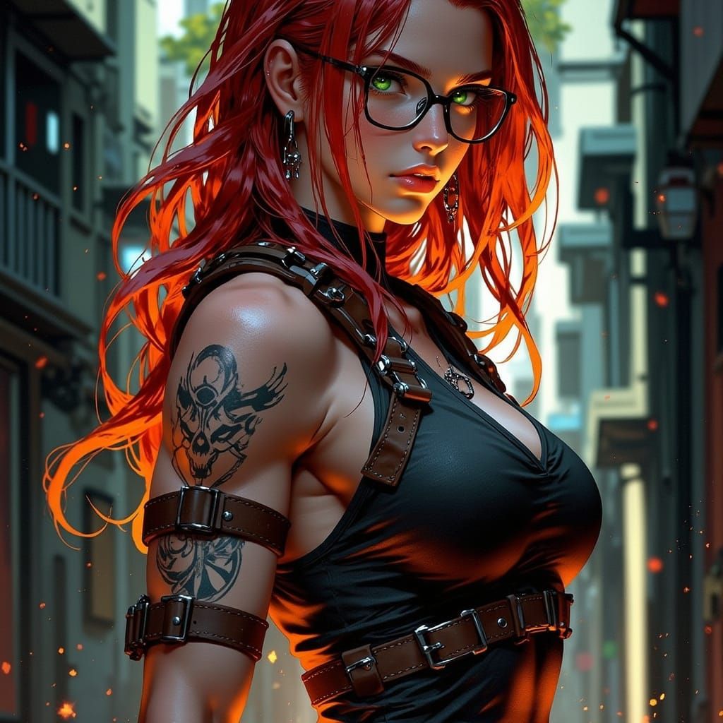 Muscular Red Haired Woman in Harness, Dark Fantasy Art