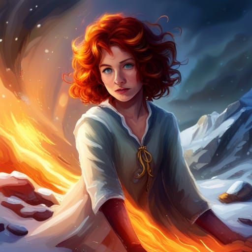 Happy Red-Haired Hobbit Wizard in Snowy Landscape