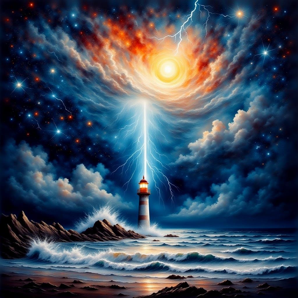 Lighthouse in Cosmic Storm, Masterpiece Oil Painting