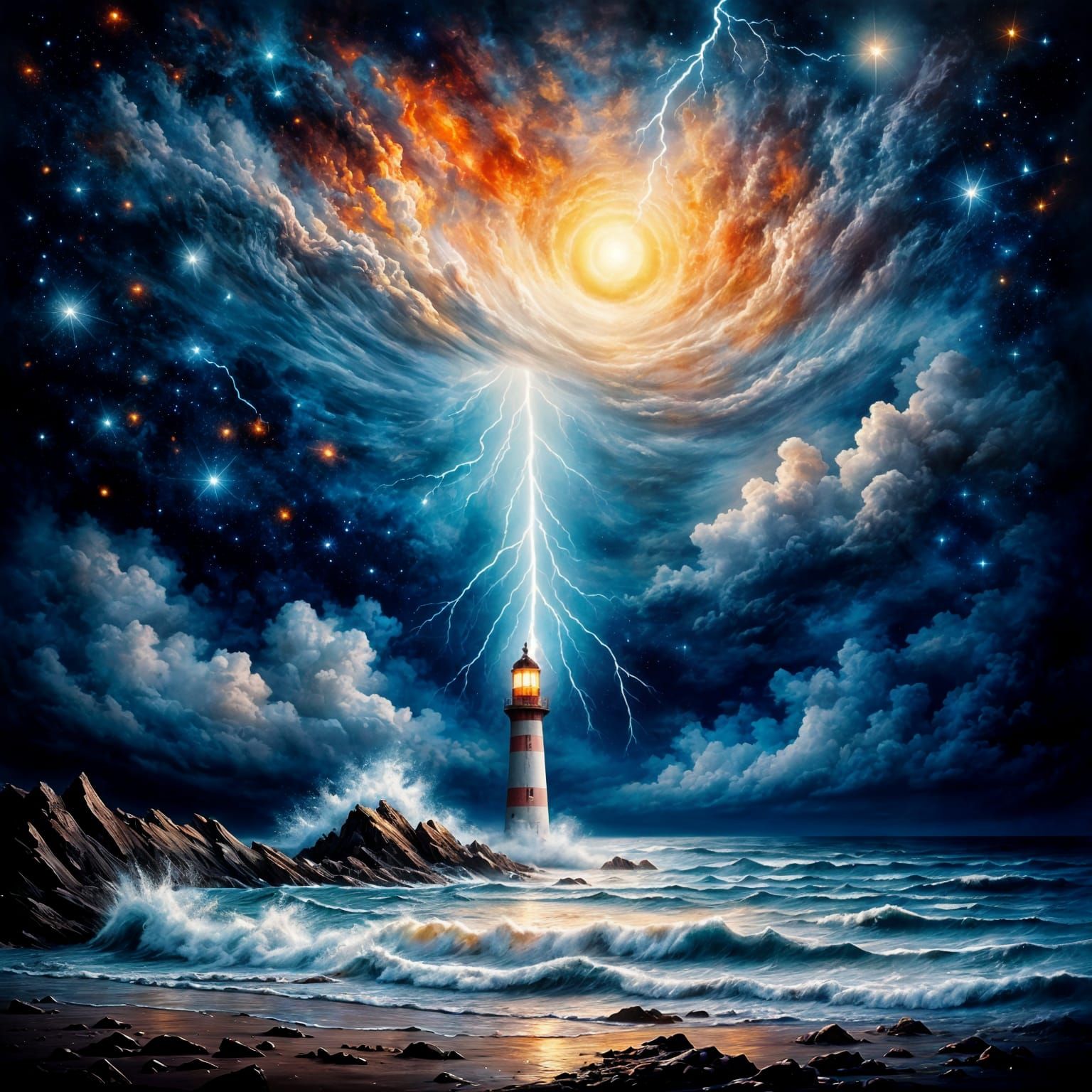 Lighthouse in Cosmic Storm, Masterpiece Oil Painting